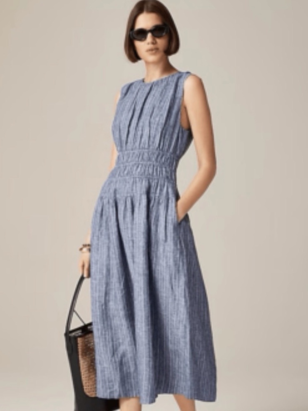 J. Crew Chambray Pinstripe Smocked-Waist Maxi Dress in Blue - Picture 2 of 3